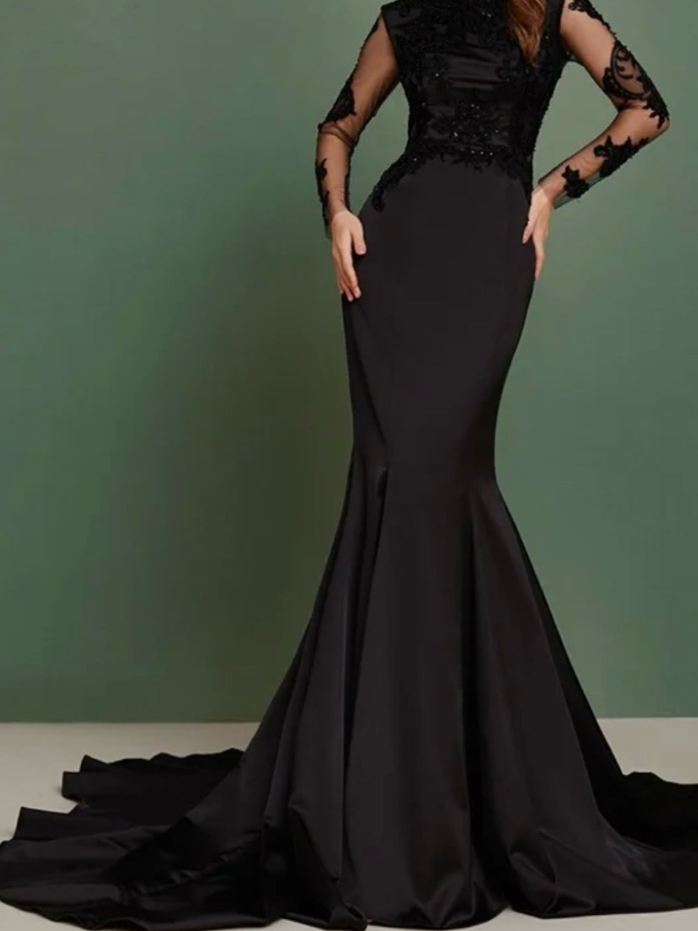 Long sleeve  Black Lace-Accent Mermaid Wedding Dress